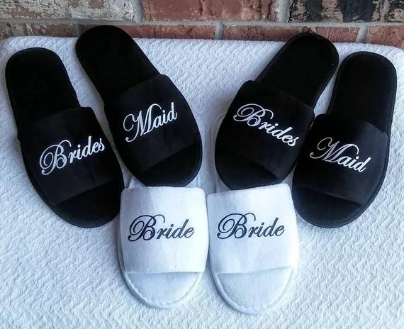 

customize titles white black wedding bridesmaid bride groom spa soft open toe slippers hen night Bachelorette party favors gifts