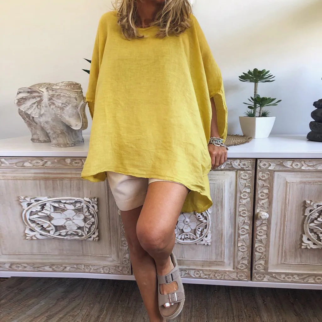 Женская льняная туника YOUYEDIAN свободная однотонная блузка с рукавами фонариками и