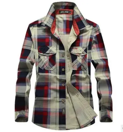 Red AFS JEEP Chemise Homme Camisa Masculina рубашки#1592 брендовая одежда рубашка хлопок Клетчатая Мужская рубашка размера плюс XXXXL - Цвет: Red