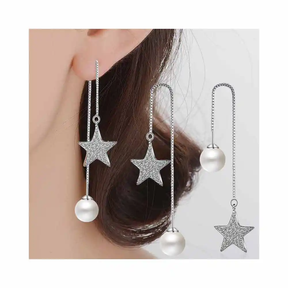 

New Arrival Shiny Stars Pearls Real 925 Sterling Silver Long Dangle Earrings Elegant Wedding Bridal Fashion Accessories
