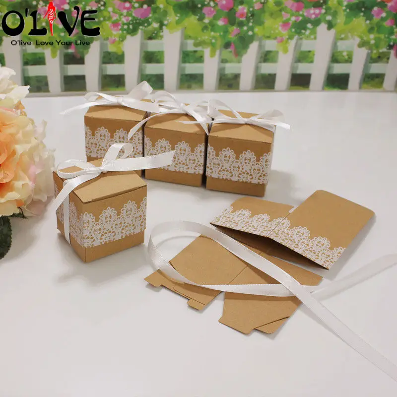 50 шт крафт подарочная коробка конфеты Babyshower вечерние сувениры коробки кружева бантом Свадебная бонбоньерка шоколадная посылка сахарница