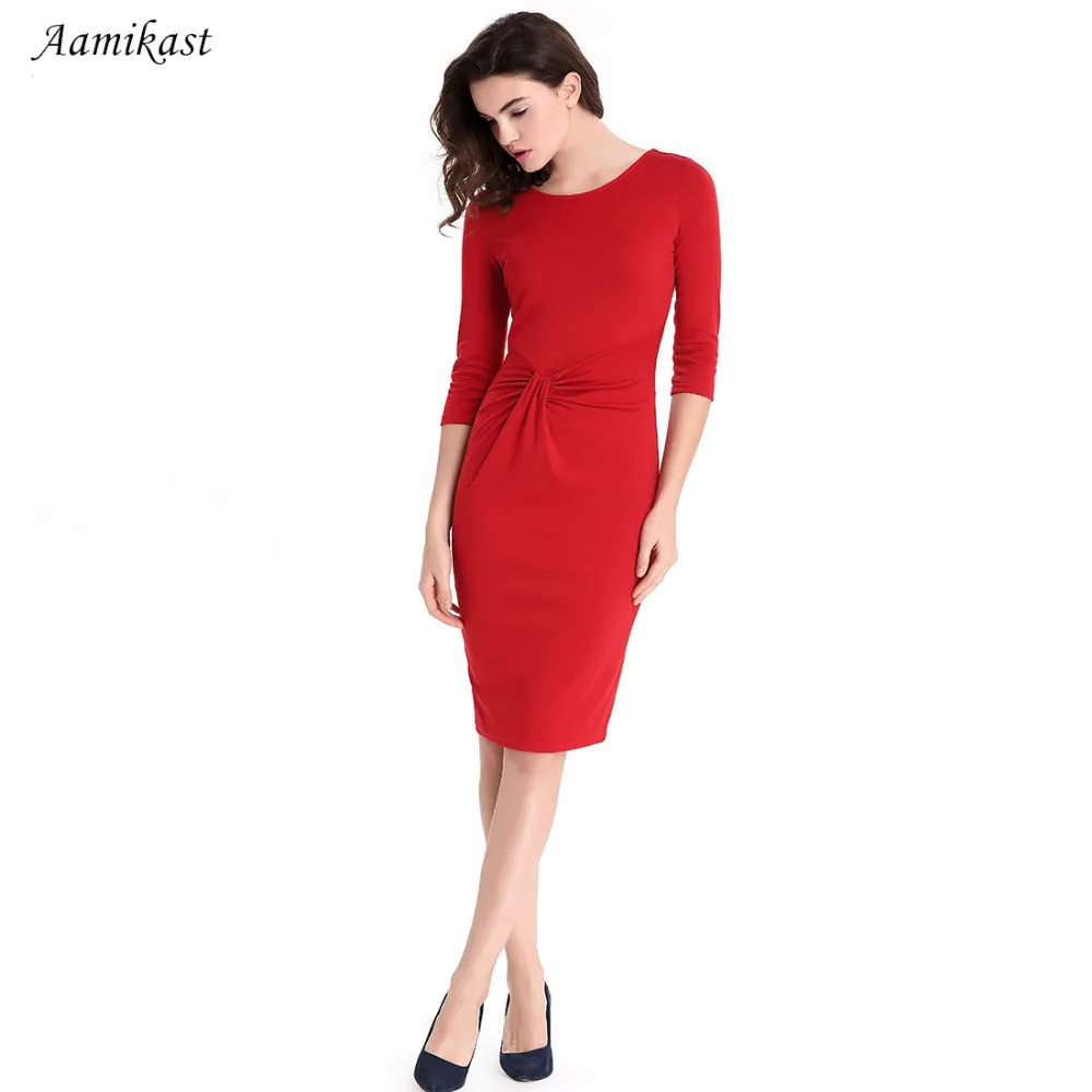 Женское винтажное деловое платье с круглым вырезом и рукавом три четверти |