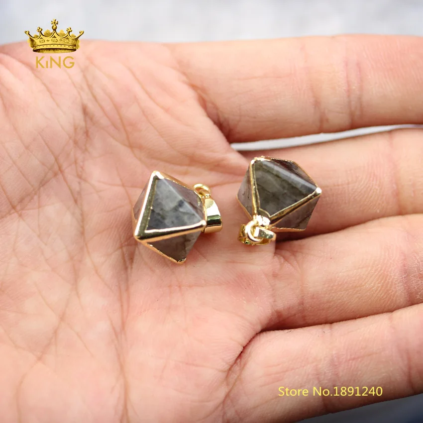 

10pcs Fashion Jewelry Pyramid Necklace,Natural Labradorite Double Cone Faceted Hexagon Stones Beads Small Charms Findings HS13