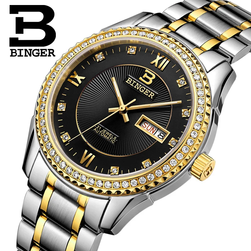 

Switzerland Watches Men Luxury Brand Clock BINGER Diamond Mechanical Male Wristwatches full Stainless Steel Waterproof B1112B