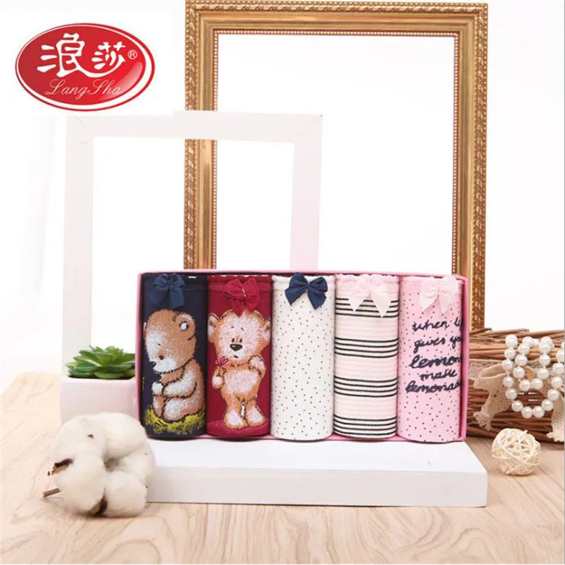 

5pcs/lot women cotton underwear cartoon bear lady soft brand briefs cute girl panties Langsha