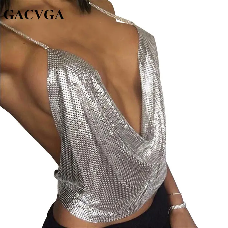 

GACVGA 2021 Sexy Backless Sequins Women Crop Tops Halter Tank Camis Summer Cropped Bra Crop Top Strap Ladies Party Vest Blusa