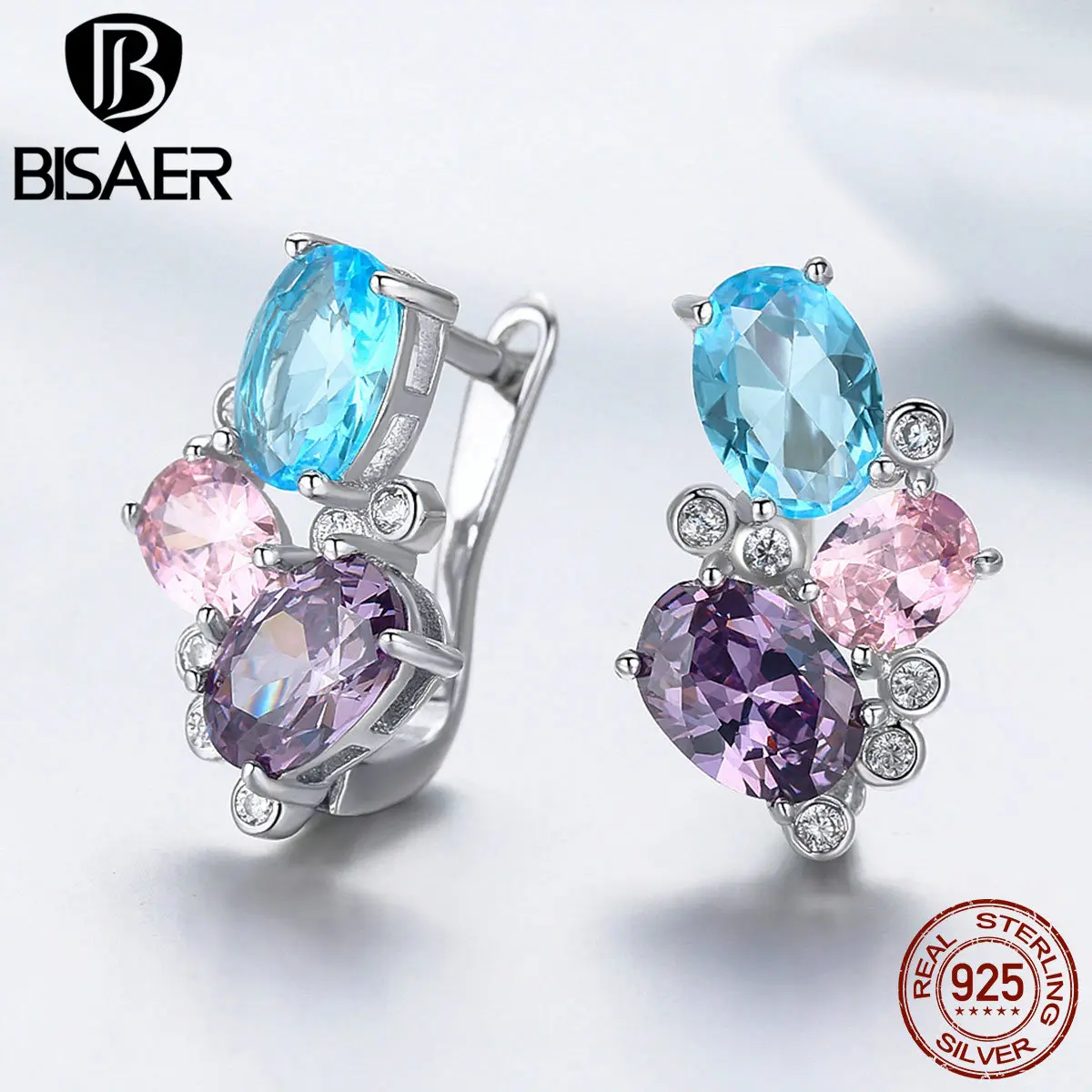 BISAER 925 пробы, серебряные, синие серьги-гвоздики с кубическим цирконием для женщин, женские свадебные модные ювелирные изделия, Bijoux Brincos GXE579