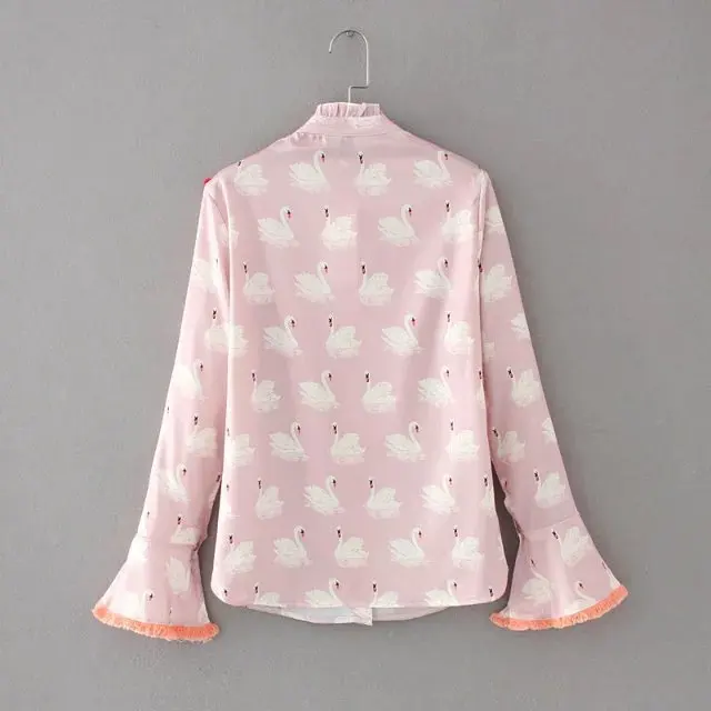 Женская блузка с длинным рукавом Винтажная футболка кисточками и принтом лебедя