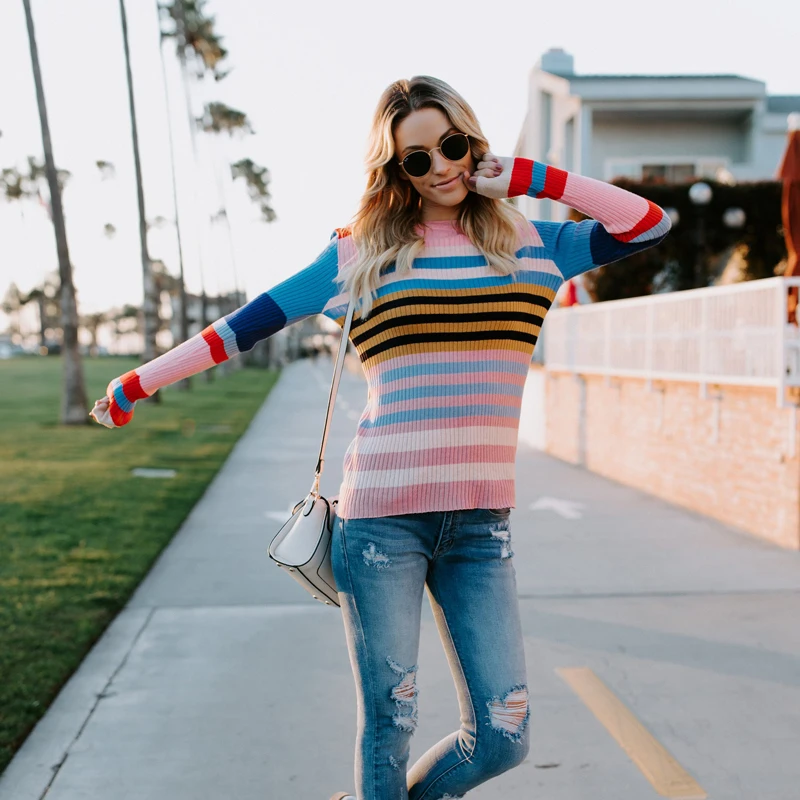 Fashion Striped Rainbow Sweater Women 2018 Autumn Winter Knitted Tops Sweaters Pullovers Long Sleeve Fitness Casual Jumper Femme | Женская