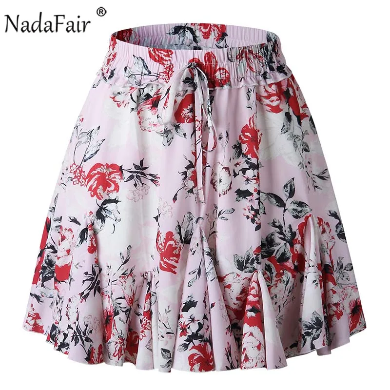Nadafair плиссированные юбки с цветочным принтом, женские летние юбки в горошек, эластичные юбки с высокой талией и оборками, плиссированные мини-юбки трапециевидной формы