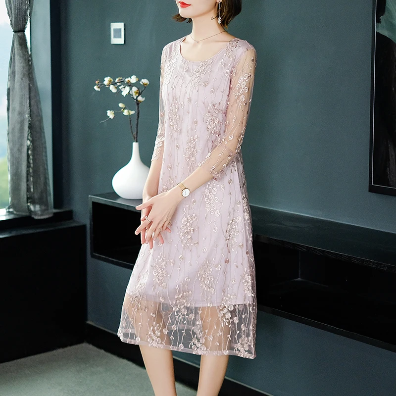 Розовый органза кружевное платье с вышивкой Для женщин летнее размера плюс