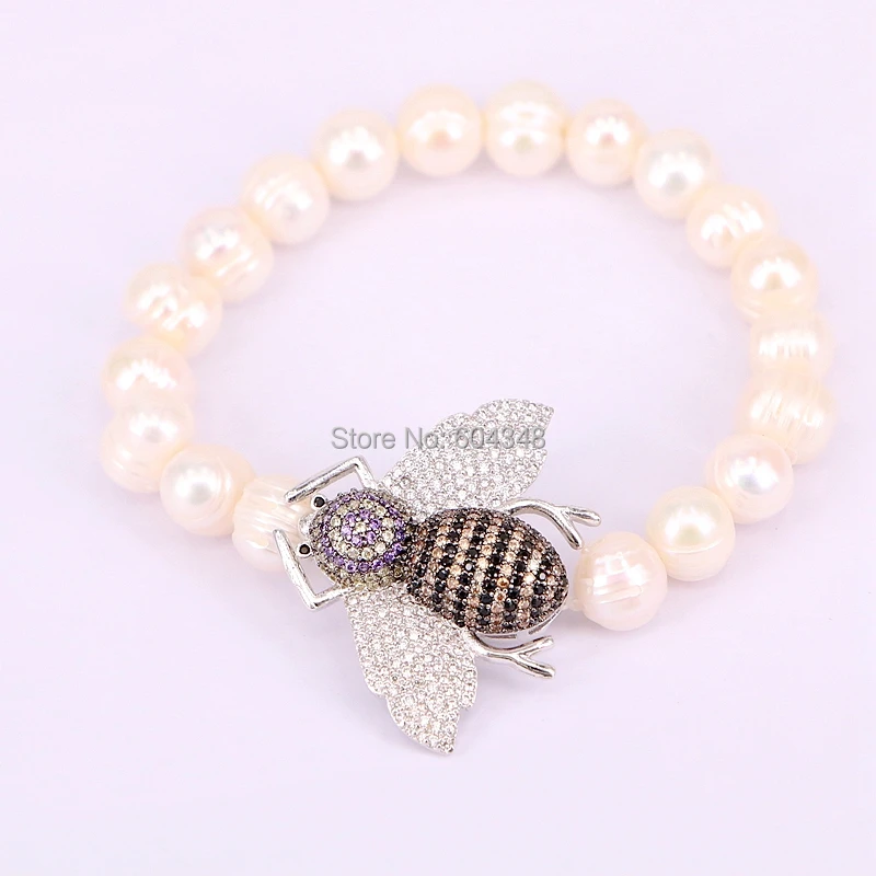 5 Strand ZYZ182-8512 Высокое качество Природные пресной воды жемчужные бусы с проложили CZ насекомых Шарм стрейч Браслеты