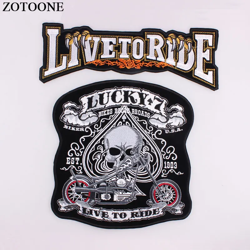 

ZOTOONE Embroidery Skull LIVE TO RIDE Motorcycle Large Back Iron On Patches Applique Back Patches For Jackets Biker Punk Patch