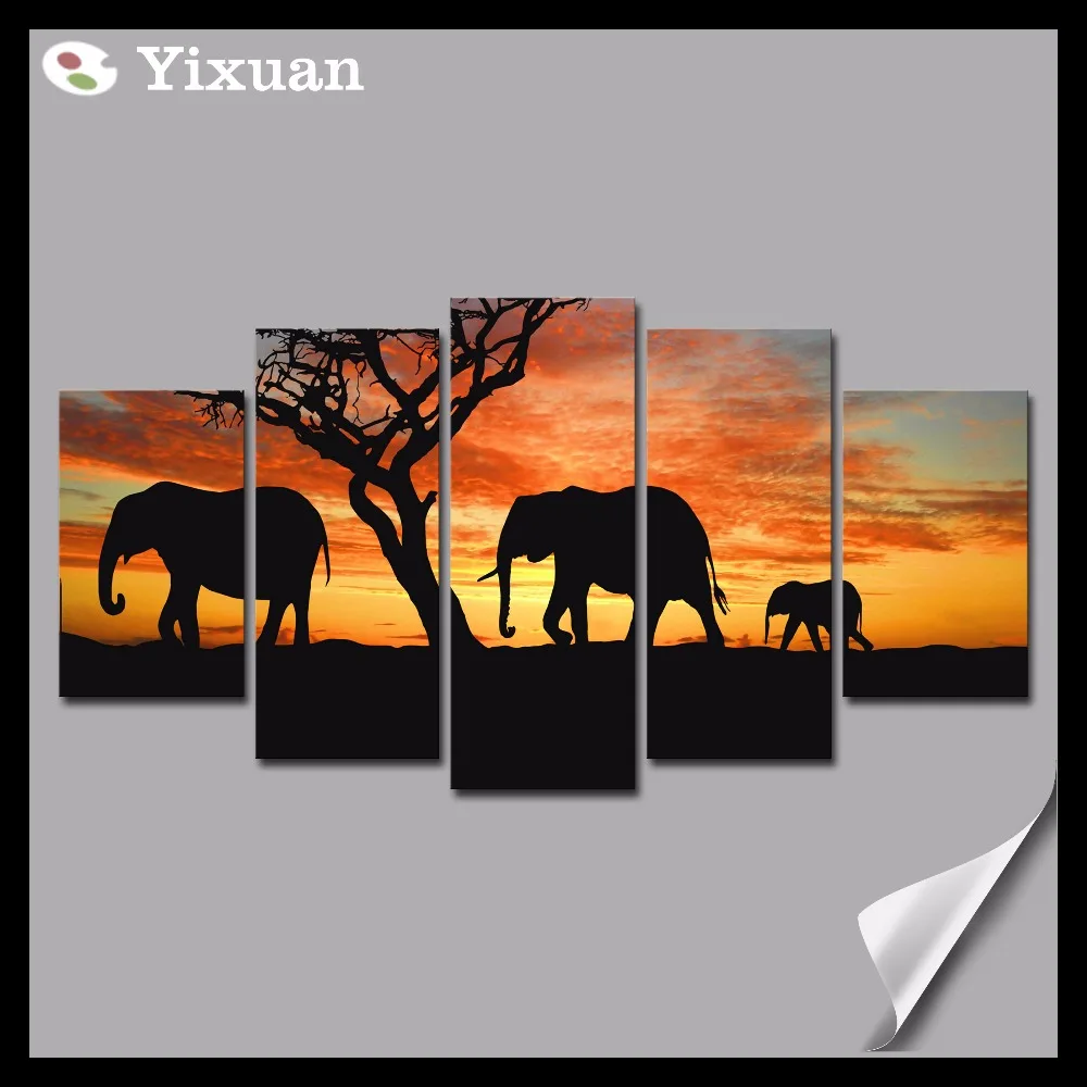 

5 Panels High Quality Frame Canvas Painting Sunset elephants Wall Art Painting Modern Home Decor Picture For Living Room