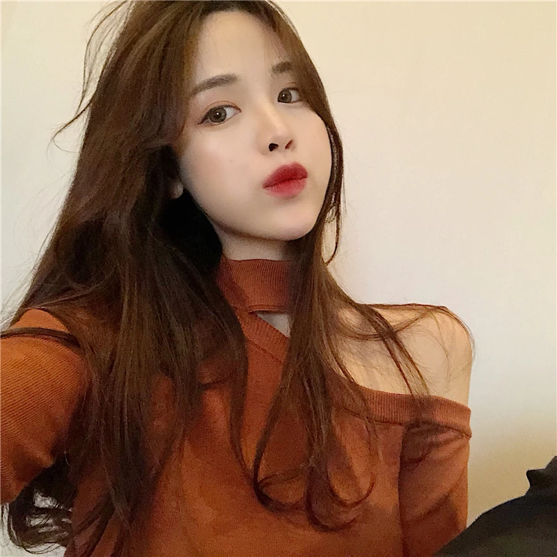 Little Sexy Off One Shoulder Tight Knit Women Slim Versatile Bare Bottom Sweater Женская одежда