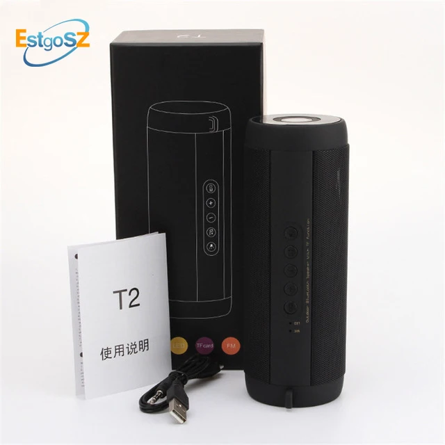 black with box EStgoSZ T2 Bluetooth водонепроницаемый беспроводной динамик усилитель стерео Открытый Портативный 1800MA HIFI динамик s светодиодный - Цвет: black with box