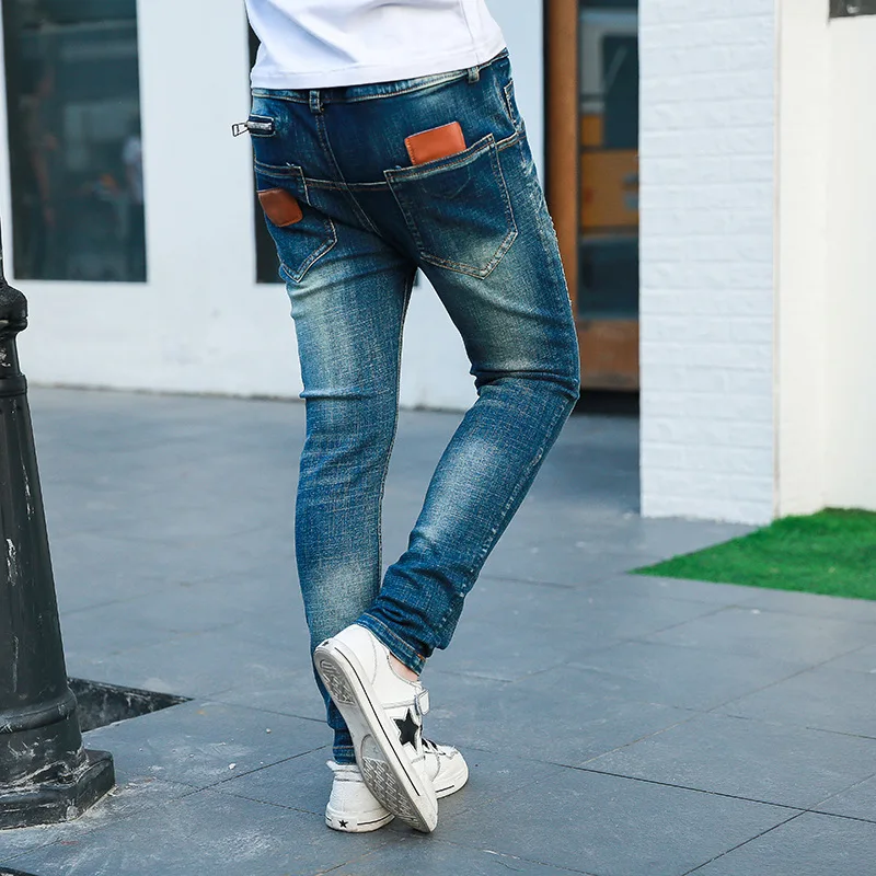 Джинсы для мальчиков-подростков джинсовые рваные штаны с потертостями кожаные