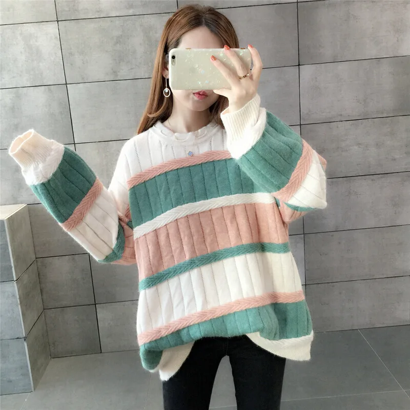 Casual loose mixed colors striped o-neck pullover sweater autumn winter 2018 mori girl | Женская одежда