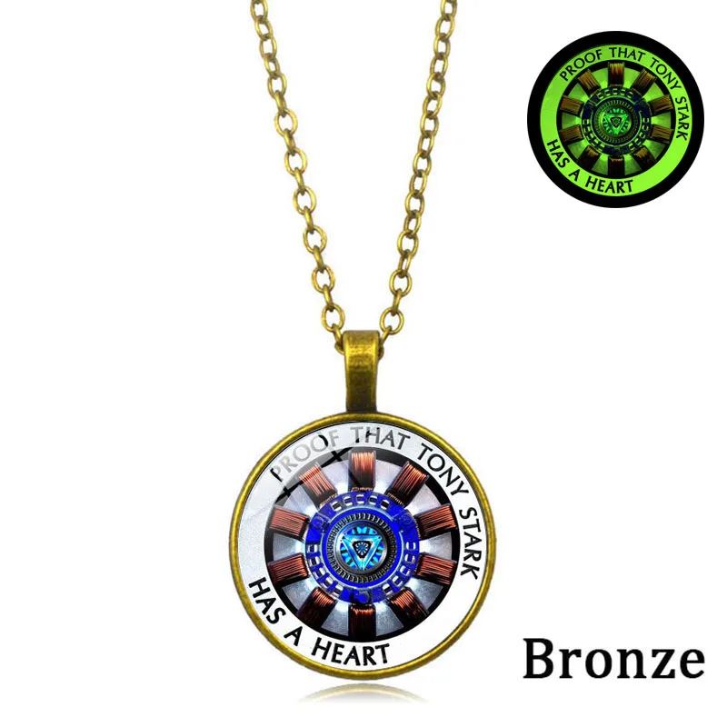 bronze Светится в темноте, ювелирное доказательство, что у Tony Stark есть серебряное стеклянное купольное ожерелье в форме сердца, Железный человек, дуговой реактор - Окраска металла: bronze