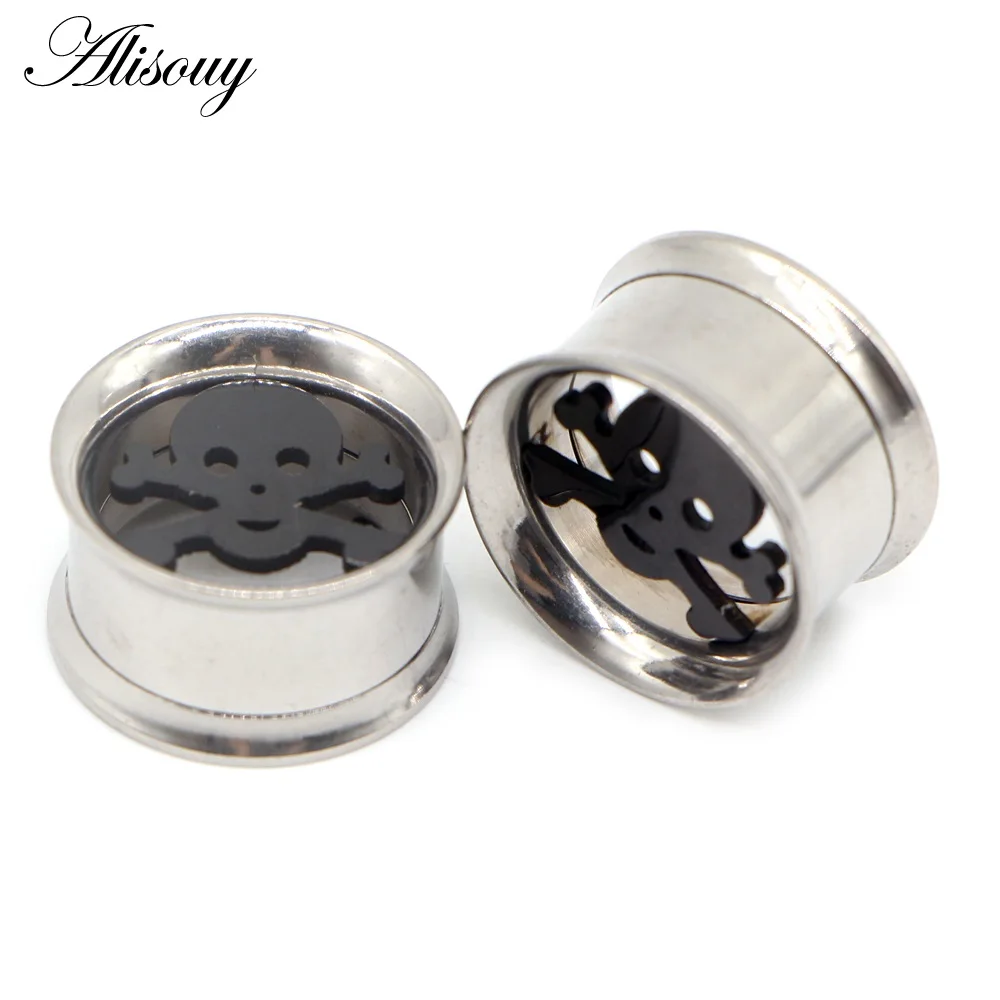 EM0906 Silver Skull 2 шт., нержавеющая сталь, анодированная двойная расклешенная внутренняя нить, винт, подходит для ушей, тоннель, затычка для ушей, расширитель, пирсинг, ювелирные изделия - Окраска металла: EM0906 Silver Skull