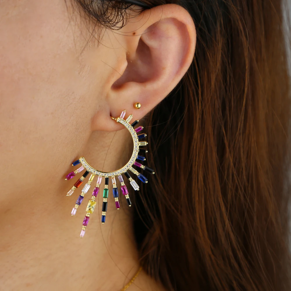 Iced out sparking bling модные радужные Багет cz большие роскошные серьги для женщин Свадебные серьги ювелирные изделия подарок