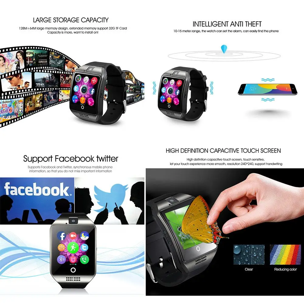 Bluetooth электронные умные часы Q18 Facebook Whatsapp Twitter Синхронизация SMS Smartwatch поддержка SIM