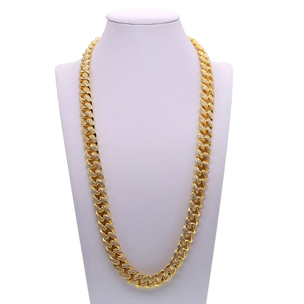 

Finish Men's Iced Zircon Miami Cuban Link Necklace Choker Bling Bling Hip hop Jewelry Gold COLOR Chain 18" 20"24''28''