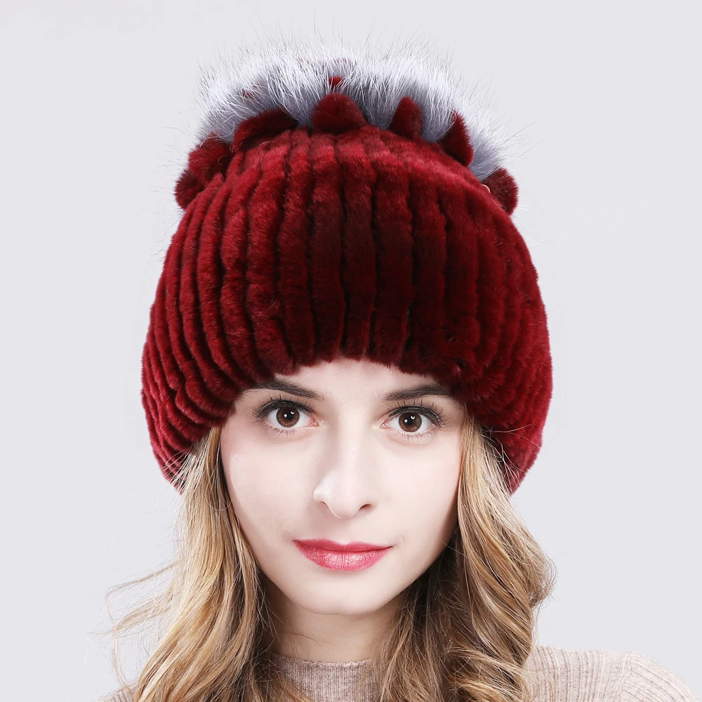 Зимние Для женщин шапка из натурального меха 100% кроличьего лисы меховая шапки