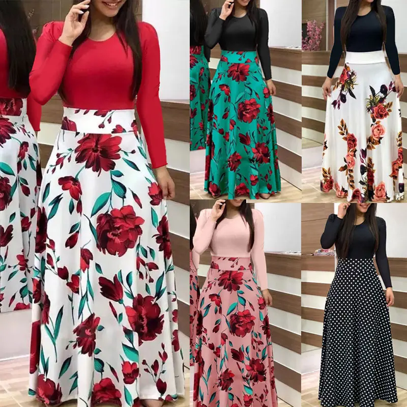Женское платье с длинными рукавами и цветочным принтом круглым вырезом высокой