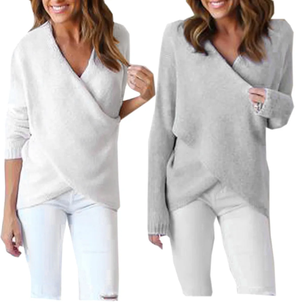 CHAMSGEND Womens Long V-Neck Sweater Cross Stitching Casual Knit Jumper Tops Se28 | Женская одежда