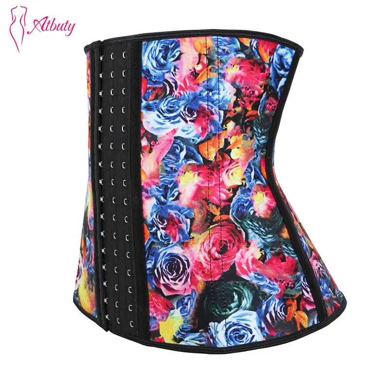 Atbuty Steel Bone Waist Trainer Rose Printing Corsets Latex Slimming Belly Girdles Hooks Body Shaper Postpartum Sheath Women
