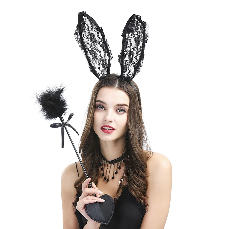 

Long Bunny Ears Hairbands Women Flower Black Lace Hair Band Sexy Hair Hoops Cosplay Hair Accessories Girls Party Gumki Do Wlosow