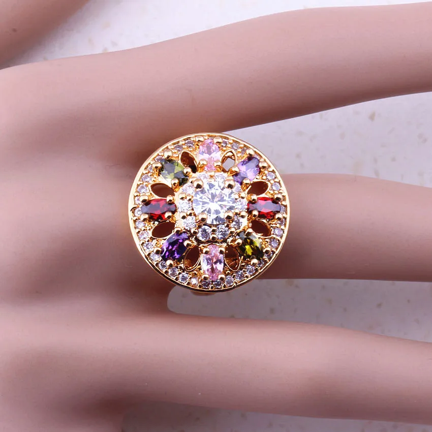 Unigue Multicolor Synthetic Multigem Yellow Gold Color Rings Women Bridal Wedding Party Fashion Jewelry Free Gift Box I0028 | Украшения и