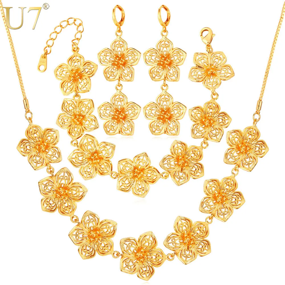 U7 Позолоченные Цветок Ожерелье Браслет Ювелирные Комплекты Для Женщин Свадебные
