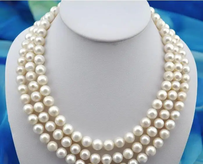 

Free shipping huiji 3Rows White Pearl AAAA natural white round FW pearl necklace bracelet earring set