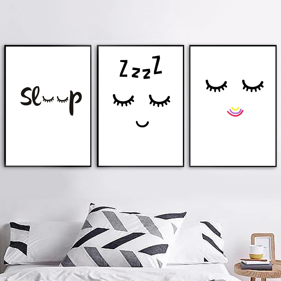

Black White Cartoon Eye Face Quotes Sleep Wall Art Canvas Painting Nordic Posters And Prints Wall Pictures Baby Kids Room Decor
