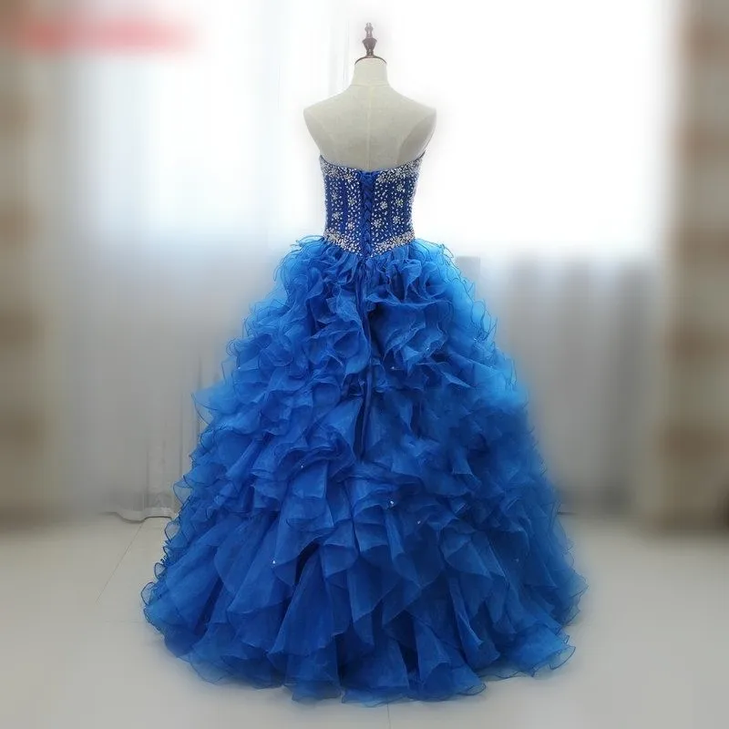 Королевский синий Quinceanera платья Сладкие 16 Принцесса органза Кристалл бисера
