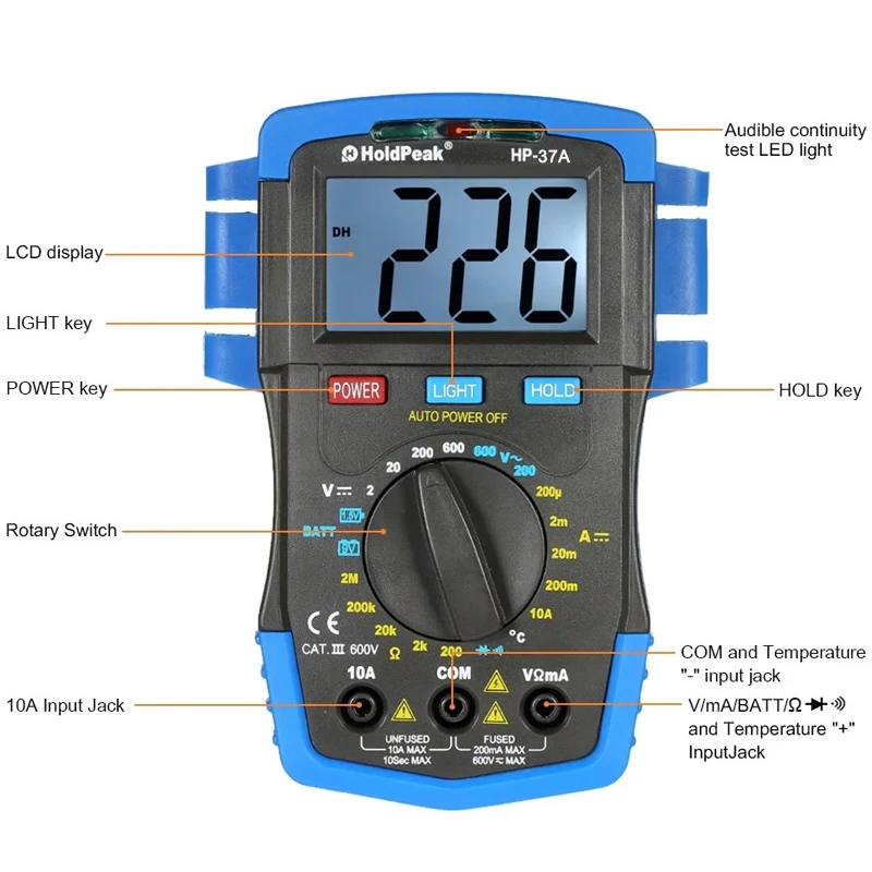 HoldPeak HP-37A цифровой мультиметр Подсветка DC/AC напряжение измеритель тока сопротивление температура батарея Диод Непрерывность тестер