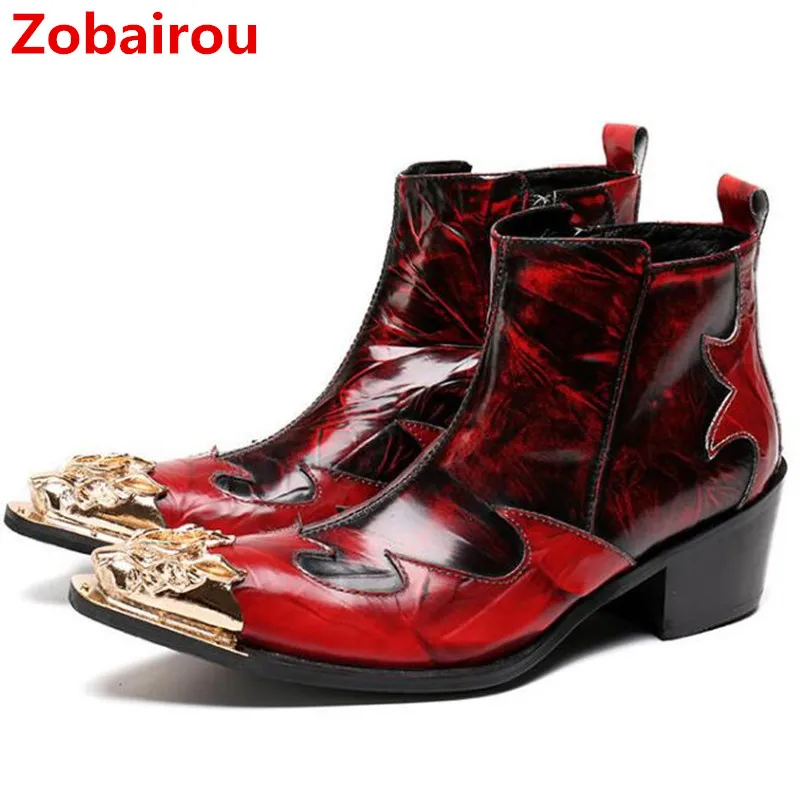 Zobairou Korean Style Luxury Brand Patent Leather Red Weddding Boots Pointy Toe Motorcycle Cowboy Boots High Heels Shoes Men