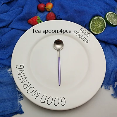 Tea Spoon 4pcs Горячая 4 шт. фиолетовый Серебряный столовая посуда 304 нож из нержавеющей стали вилка ложка палочки для еды Столовые приборы, для кухни посуда столовые приборы набор столовых приборов - Цвет: Tea Spoon 4pcs