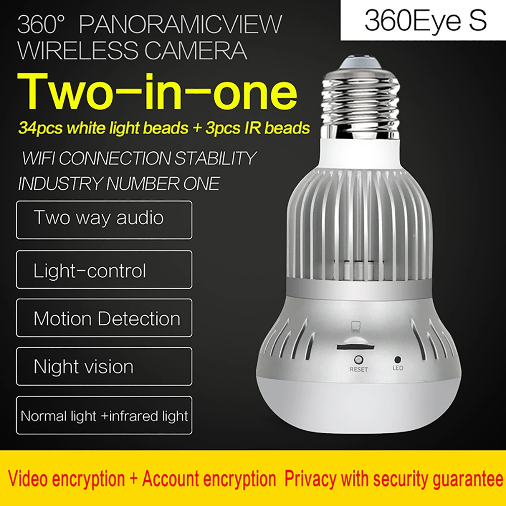 EC9D 2.0МП WiFi Панорамная 360-градусная камера Беспроводная камера светильника Fisheye CCTV Smart Home 3D VR Security Bulb On.