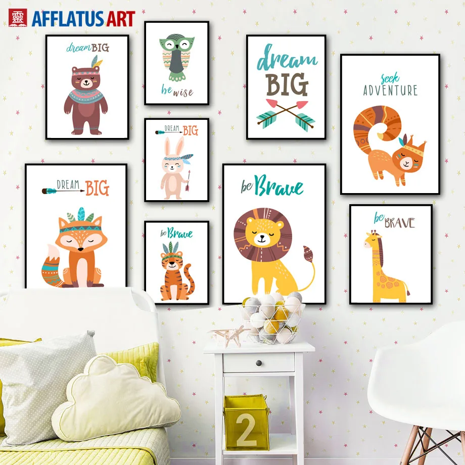 

Cartoon Lion Tiger Fox Bear Rabbit Dream Quotes Nordic Posters And Prints Wall Art Canvas Painting Wall Pictures Kids Room Decor
