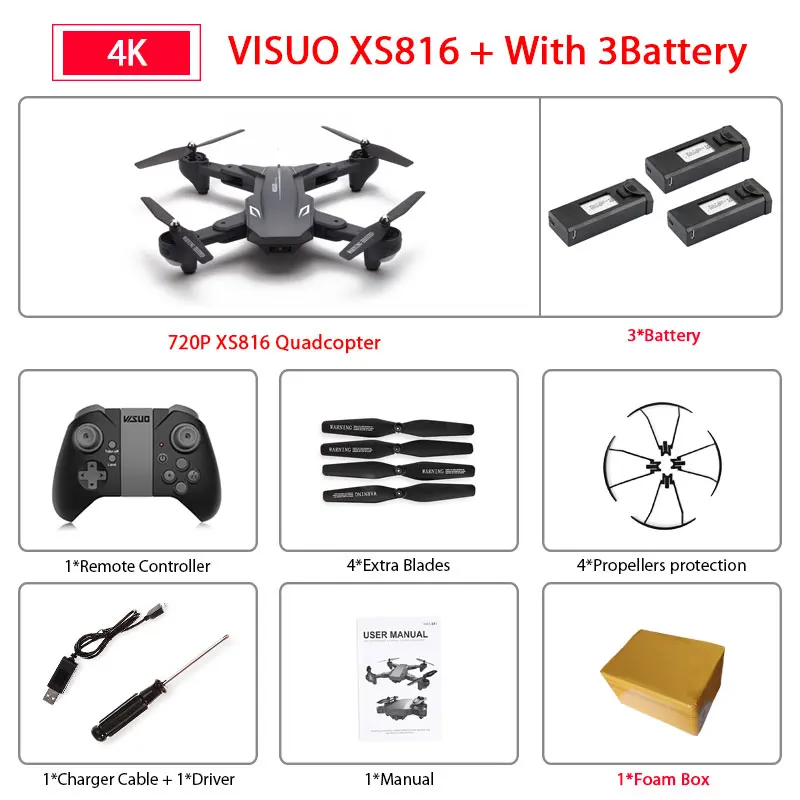4k 3B Foam Box Визуализации XS816 беспилотный летательный аппарат для контроля уровня сахара в крови с 50 раз зум Wi-Fi FPV 1080P или 4K двойной Камера оптического потока Квадрокоптер складной селфи Дрон VS SG106 - Цвет: 4k 3B Foam Box
