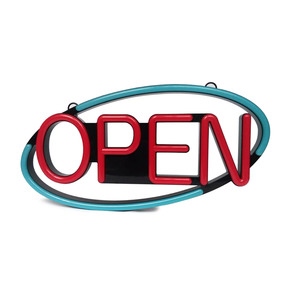 

"OPEN" Animated 22"x 11" LED Neon Sign with Hanging Chain, Oval - Red & Blue