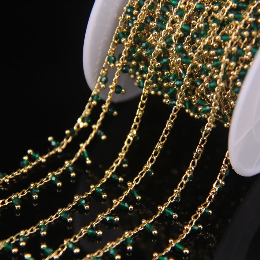 

5Meter 2mm Green Glass Faceted Round Beads Rosary Chain,With Gold Color Barss Wire Wrapped Chain DIY Bracelet Necklace Chains