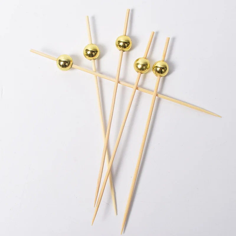 Golden beads 12CM 100 шт 12 см одноразовая посуда для вечеринки бамбуковые вилки свадебный Декор буфет фруктовые десерты палочки кекс коктейкоктейльные шпажки - Цвет: Golden beads 12CM