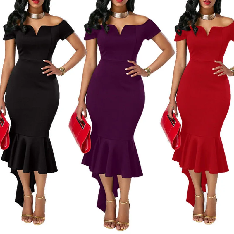 Модное женское сексуальное платье с открытыми плечами однотонное облегающее