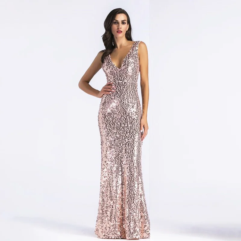 

D143 rose gold floor length v-neck back open mermaid long sequined dress