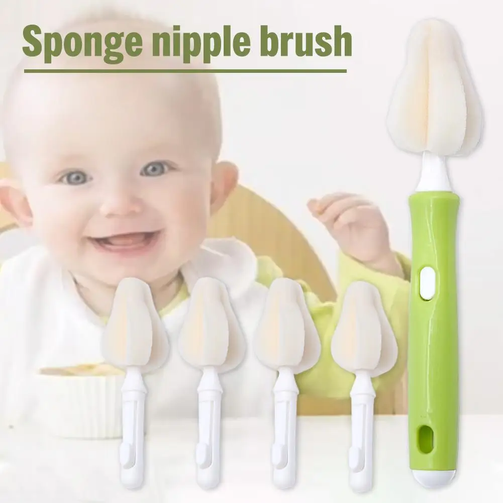 Infant Nipple Cleaning Sponge Brush Set With 360 Degree Rotating Replacement Sponge Heads Bottle Brushes Cleaner