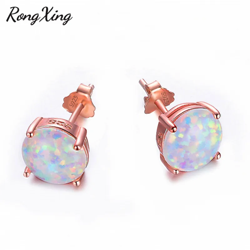 Круглые серьги гвоздики RongXing из розового золота с белым огненным опалом 6/8 мм для